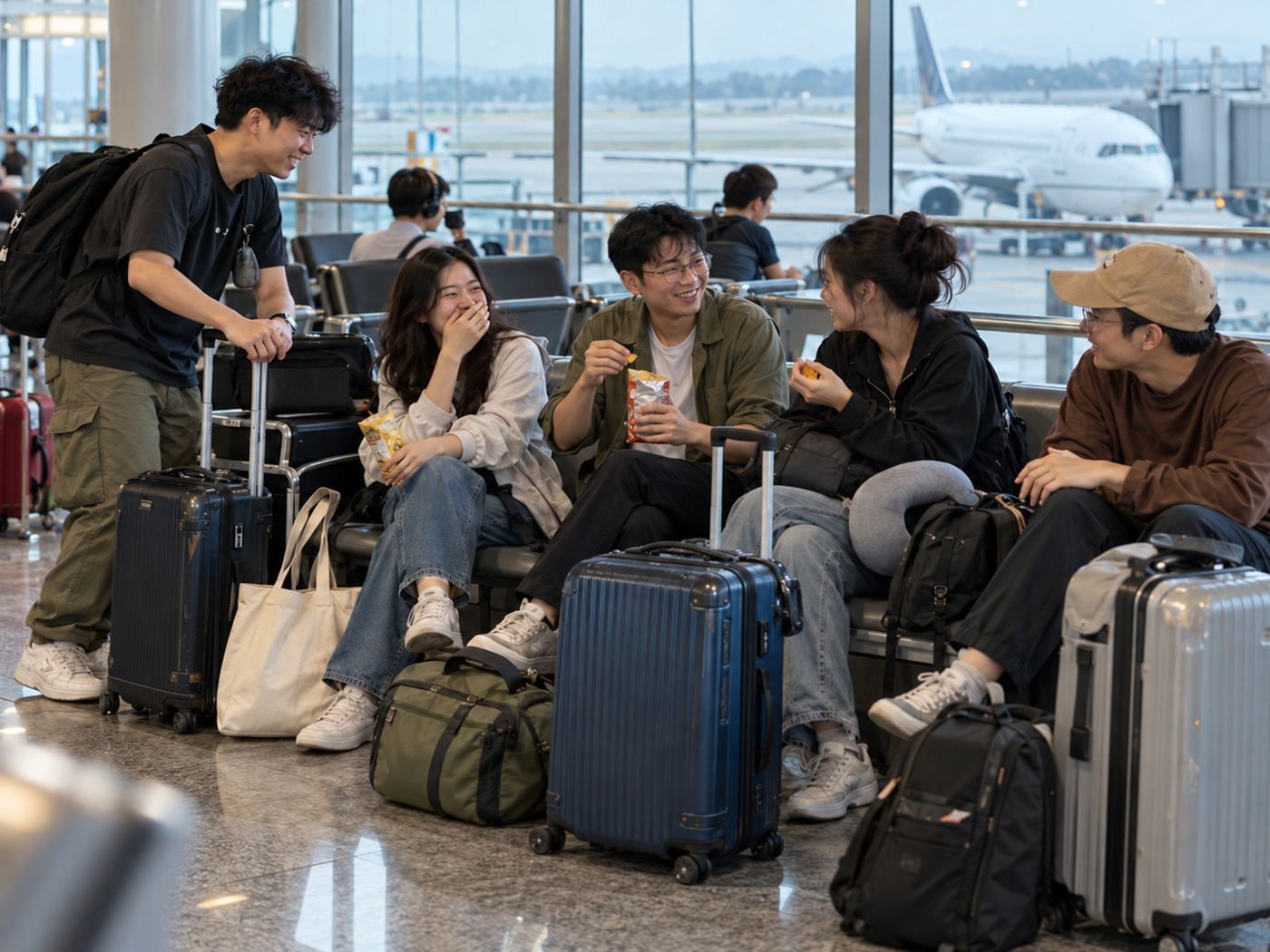 Nhóm bạn với vali ở sân bay